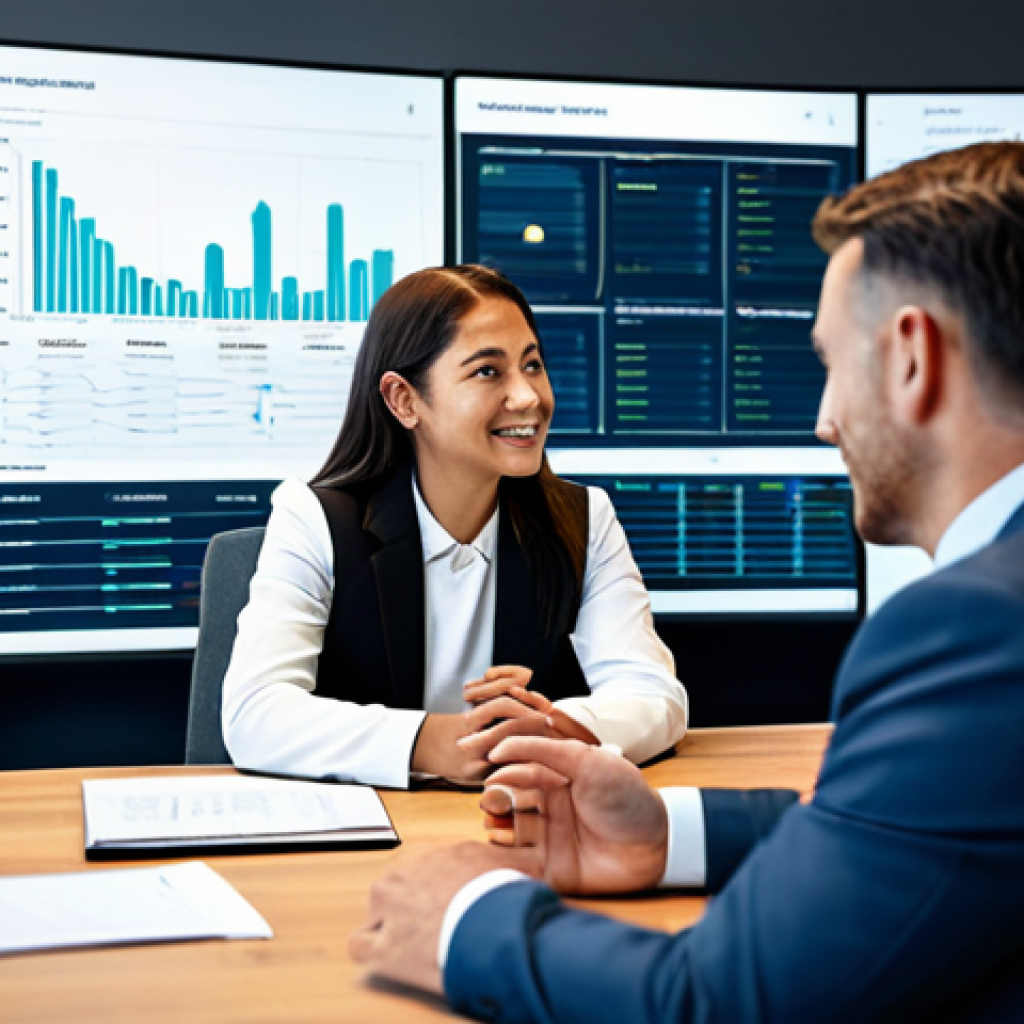 A professional male financial advisor in a modest business suit sits across a table from a female client, also in professional, appropriate attire, within a bright, modern office. They are engaged in a collaborative discussion, looking at large, interactive display screens that show comprehensive wealth management plans, including asset allocation, retirement projections, and subtly integrated ESG investment charts. The scene emphasizes trust and future planning, with advanced financial technology tools visible on the desk. perfect anatomy, correct proportions, natural pose, well-formed hands, proper finger count, natural body proportions, professional photography, high resolution, realistic, cinematic lighting, soft focus background, safe for work, appropriate content, fully clothed, professional.