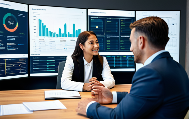 A professional male financial advisor in a modest business suit sits across a table from a female client, also in professional, appropriate attire, within a bright, modern office. They are engaged in a collaborative discussion, looking at large, interactive display screens that show comprehensive wealth management plans, including asset allocation, retirement projections, and subtly integrated ESG investment charts. The scene emphasizes trust and future planning, with advanced financial technology tools visible on the desk. perfect anatomy, correct proportions, natural pose, well-formed hands, proper finger count, natural body proportions, professional photography, high resolution, realistic, cinematic lighting, soft focus background, safe for work, appropriate content, fully clothed, professional.