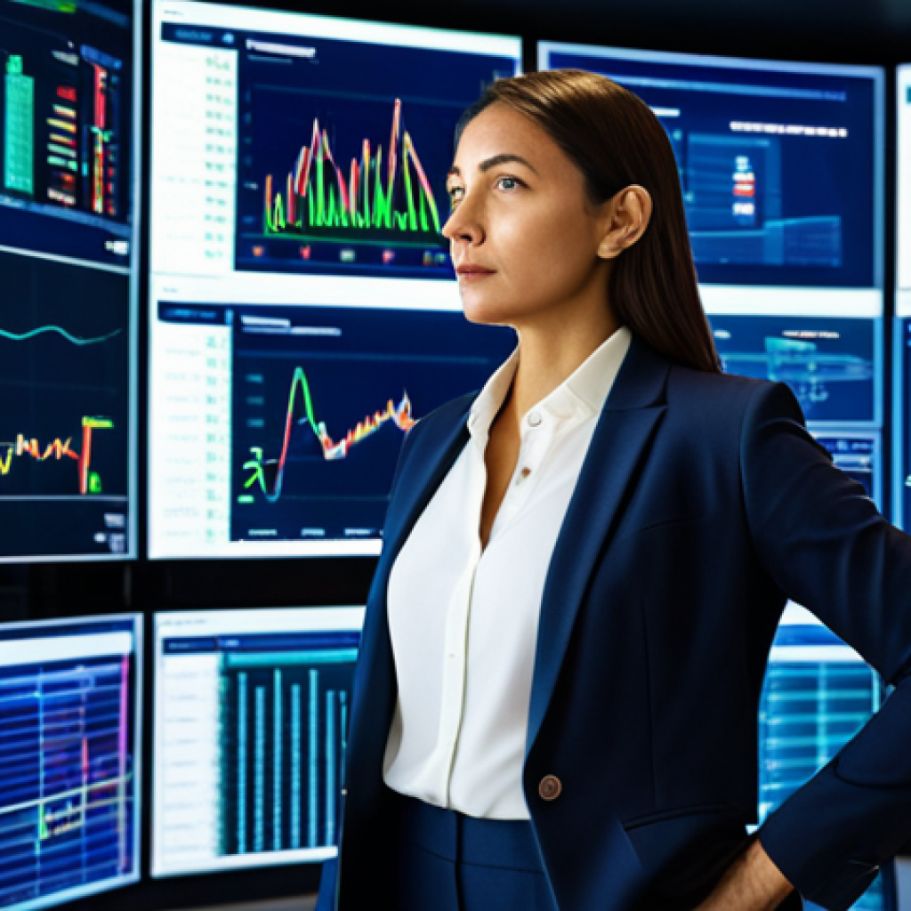 A highly professional female fund investment advisor, mid-30s, standing confidently in a sleek, futuristic financial trading room. She wears a sharp, modest business suit in a deep navy blue, with a crisp white blouse. Her expression is focused and intelligent, gazing at multiple holographic screens displaying complex financial data visualizations, global market trends, and AI-driven analytics. The room is brightly lit, modern, and high-tech, showcasing advanced financial technology. The overall atmosphere is one of expertise and forward-thinking strategy. Fully clothed, appropriate attire, professional dress, safe for work, appropriate content, family-friendly, perfect anatomy, correct proportions, natural pose, well-formed hands, proper finger count, natural body proportions.