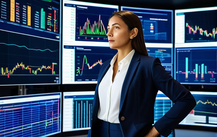 A highly professional female fund investment advisor, mid-30s, standing confidently in a sleek, futuristic financial trading room. She wears a sharp, modest business suit in a deep navy blue, with a crisp white blouse. Her expression is focused and intelligent, gazing at multiple holographic screens displaying complex financial data visualizations, global market trends, and AI-driven analytics. The room is brightly lit, modern, and high-tech, showcasing advanced financial technology. The overall atmosphere is one of expertise and forward-thinking strategy. Fully clothed, appropriate attire, professional dress, safe for work, appropriate content, family-friendly, perfect anatomy, correct proportions, natural pose, well-formed hands, proper finger count, natural body proportions.