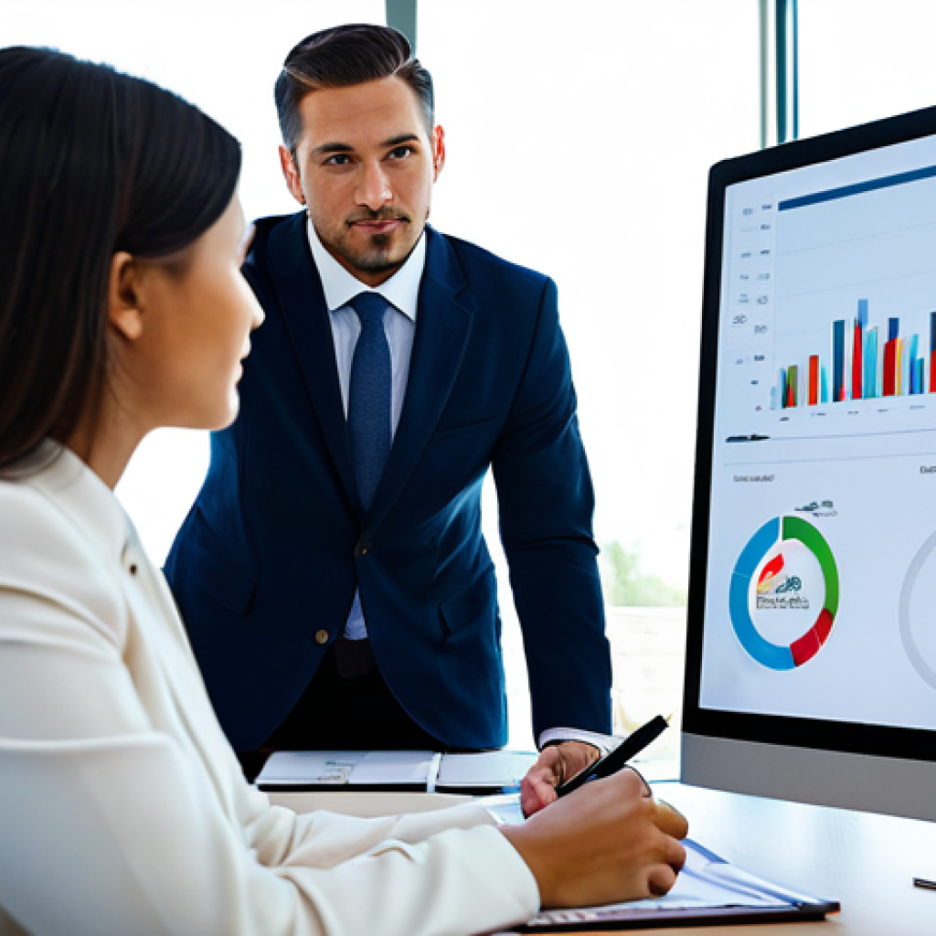 Fund Investment Advisor: Collaborative Consultation**
A professional male financial advisor in a business suit and a female client in modest business attire, sitting at a modern sunlit office desk. The advisor gestures towards a large monitor displaying financial charts, explaining concepts to the client who is attentively listening and taking notes. The scene captures a collaborative and educational interaction. Professional photography, soft lighting, sharp focus, high detail, fully clothed, modest clothing, appropriate attire, professional dress, safe for work, appropriate content, perfect anatomy, correct proportions, natural pose, well-formed hands, proper finger count, natural body proportions, professional, family-friendly.

**