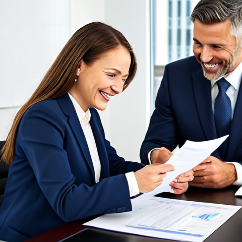 **

A professional financial advisor, fully clothed in a modest business suit, is smiling warmly while reviewing documents with a client in a bright, modern office setting. The scene should convey trust and competence. Perfect anatomy, natural proportions, well-formed hands, proper finger count. Safe for work, appropriate content, professional, family-friendly.

**
