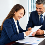 **

A professional financial advisor, fully clothed in a modest business suit, is smiling warmly while reviewing documents with a client in a bright, modern office setting. The scene should convey trust and competence. Perfect anatomy, natural proportions, well-formed hands, proper finger count. Safe for work, appropriate content, professional, family-friendly.

**