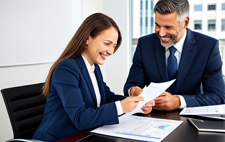 **

A professional financial advisor, fully clothed in a modest business suit, is smiling warmly while reviewing documents with a client in a bright, modern office setting. The scene should convey trust and competence. Perfect anatomy, natural proportions, well-formed hands, proper finger count. Safe for work, appropriate content, professional, family-friendly.

**