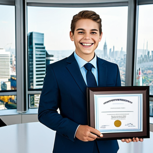 The Growing Professional**

A young professional in a modest business suit, smiling confidently, standing in a bright, modern office with a cityscape view, holding a certificate. Fully clothed, appropriate attire, safe for work, perfect anatomy, natural proportions, professional photography, high quality, family-friendly.

**