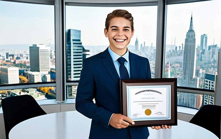The Growing Professional**

A young professional in a modest business suit, smiling confidently, standing in a bright, modern office with a cityscape view, holding a certificate. Fully clothed, appropriate attire, safe for work, perfect anatomy, natural proportions, professional photography, high quality, family-friendly.

**