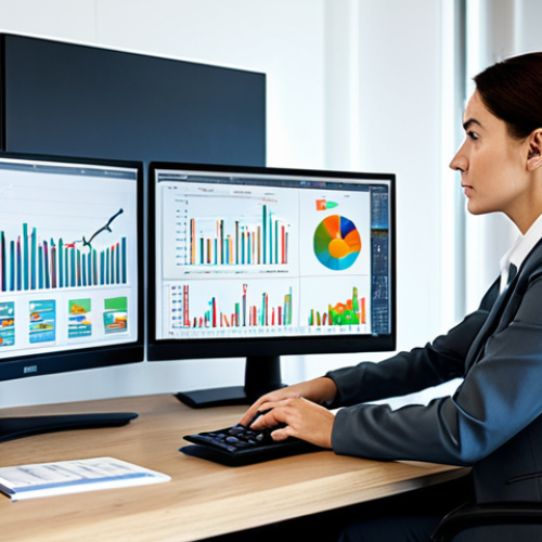 **

A professional businesswoman in a modest business suit, sitting at a desk analyzing fund performance charts in a modern office. Graphs and financial data displayed on multiple monitors. Fully clothed, appropriate attire, safe for work, perfect anatomy, natural proportions, professional photography, high quality, family-friendly.

**