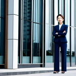 **

A professional businesswoman in a tailored, modest navy blue pantsuit, standing confidently in front of a modern glass office building in downtown Shanghai, fully clothed, appropriate attire, safe for work, perfect anatomy, natural proportions, professional photography, high quality, family-friendly.

**