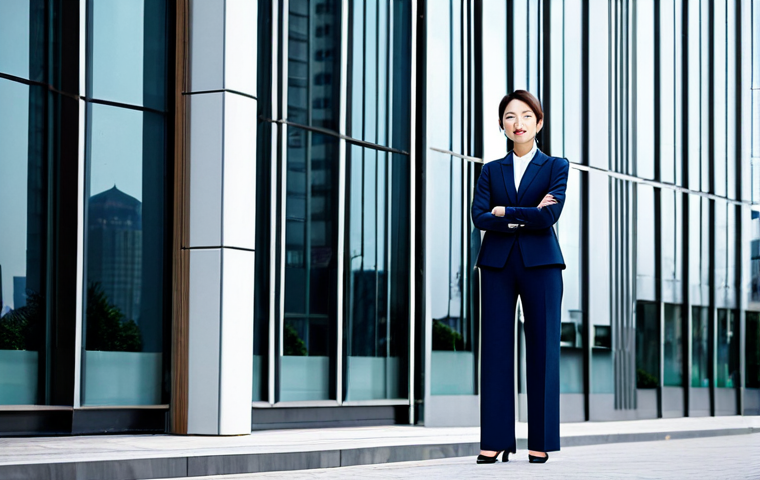 **

A professional businesswoman in a tailored, modest navy blue pantsuit, standing confidently in front of a modern glass office building in downtown Shanghai, fully clothed, appropriate attire, safe for work, perfect anatomy, natural proportions, professional photography, high quality, family-friendly.

**