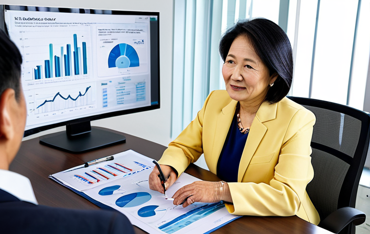 Secure Retirement Planning**

"A professional financial advisor, fully clothed, in a modern office setting, consulting with a mature Asian woman (fully clothed in modest attire) about her retirement plan, displaying charts and graphs. Focus on financial security and peace of mind. Safe for work, appropriate content, professional, perfect anatomy, natural pose, well-formed hands, proper finger count, family-friendly."

**