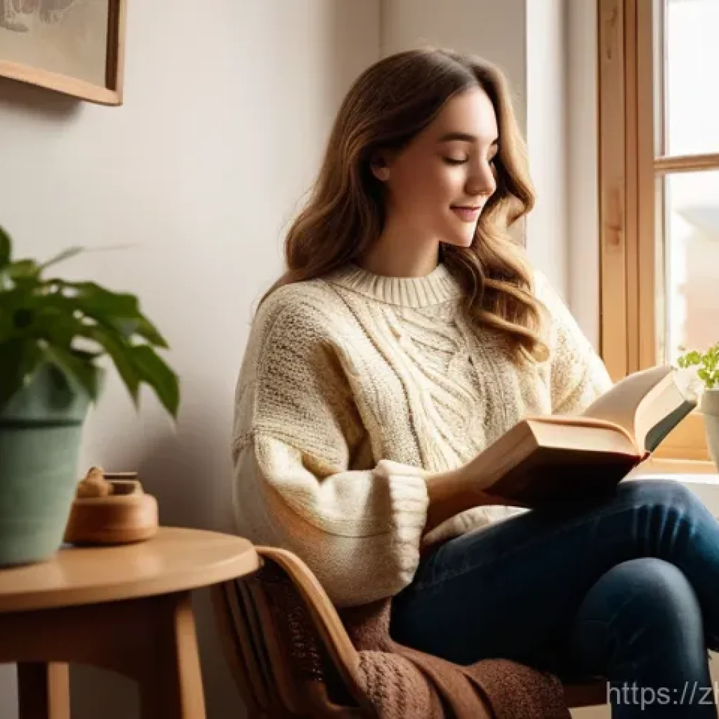 펀드투자상담사와 금융 시장의 변화 전망 - A cozy indoor scene. A young woman, 20s, with long, wavy brown hair, is comfortably seated on a plus...