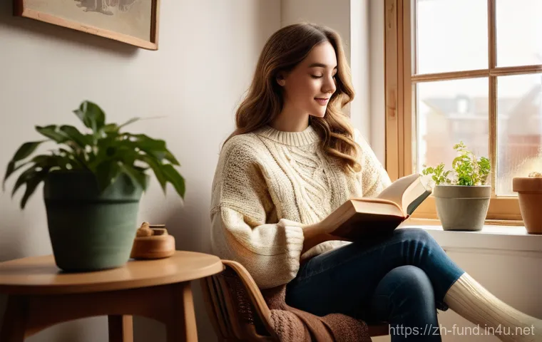 펀드투자상담사와 금융 시장의 변화 전망 - A cozy indoor scene. A young woman, 20s, with long, wavy brown hair, is comfortably seated on a plus...