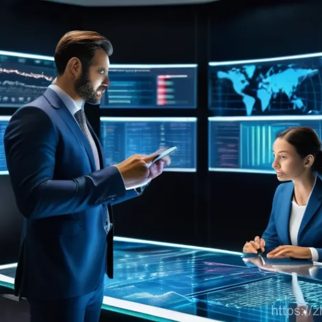 펀드투자상담사와 관련된 직무 환경 변화 - **Prompt:** A visually dynamic image set in a sleek, futuristic financial advisory office bathed in ...