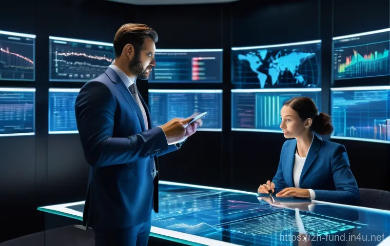 펀드투자상담사와 관련된 직무 환경 변화 - **Prompt:** A visually dynamic image set in a sleek, futuristic financial advisory office bathed in ...