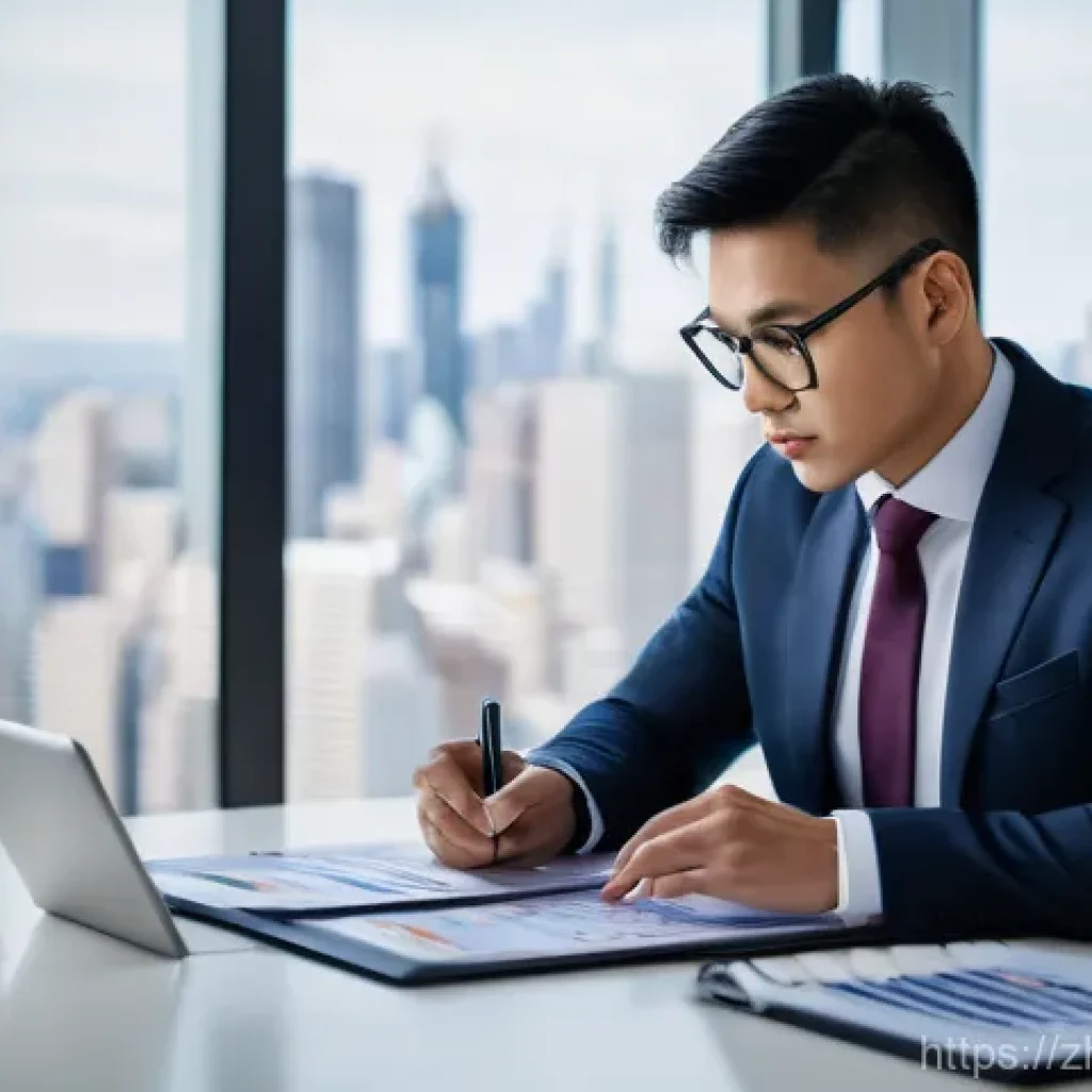 펀드투자상담사로서 업무 효율성 향상 전략 - A focused and determined financial advisor, of East Asian descent, sits at a modern, clean desk in a...