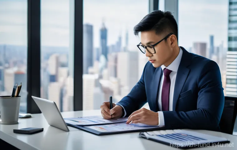 펀드투자상담사로서 업무 효율성 향상 전략 - A focused and determined financial advisor, of East Asian descent, sits at a modern, clean desk in a...