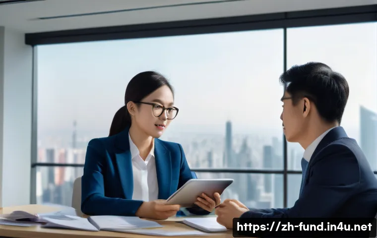 펀드투자상담사 초보자를 위한 실습 - A professional Chinese financial consultant in a modern office setting, engaging in a detailed conve...