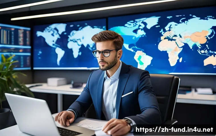 펀드투자상담사로서 금융 리더십 키우는 법 - A modern financial advisor in a sleek office setting, attentively analyzing multiple large digital s...