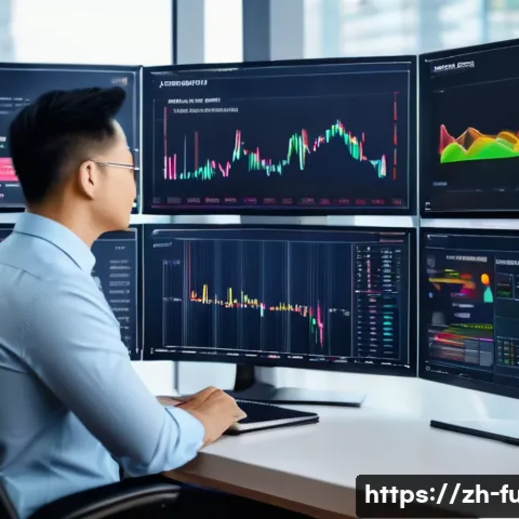 펀드투자상담사 직업으로서의 장기 전망 - A modern fund investment advisor in a sleek, high-tech office environment, interacting with multiple...