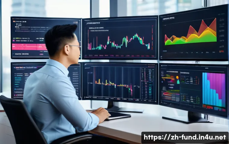펀드투자상담사 직업으로서의 장기 전망 - A modern fund investment advisor in a sleek, high-tech office environment, interacting with multiple...
