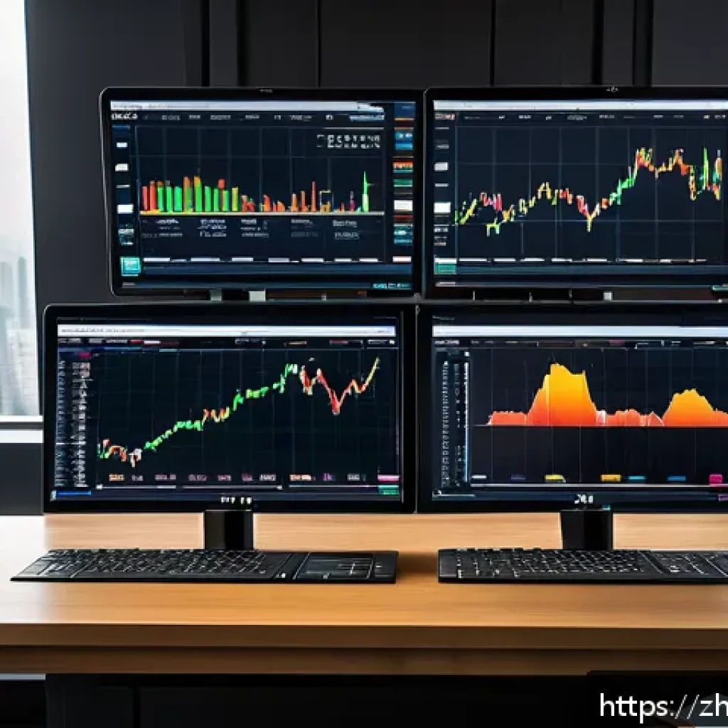 펀드투자상담사 실무 툴 추천 - A modern investment advisor’s workspace featuring multiple large monitors displaying real-time finan...