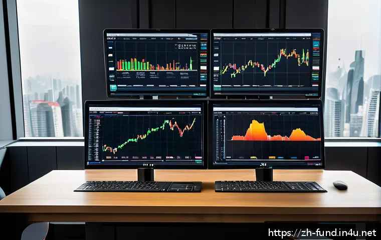 펀드투자상담사 실무 툴 추천 - A modern investment advisor&rsquo;s workspace featuring multiple large monitors displaying real-time finan...