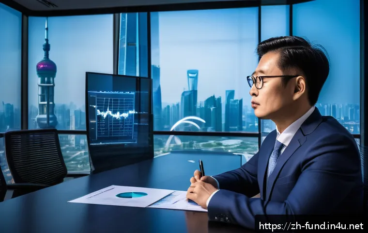 펀드투자상담사 연봉 통계 및 분석 - A professional Chinese fund investment consultant in a modern high-rise office overlooking Shanghai&rsquo;...