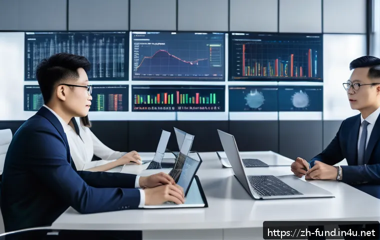 펀드투자상담사 직업군의 다변화 - A modern financial advisor office scene with a diverse group of professionals analyzing large digita...