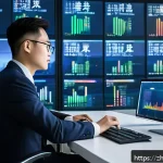 펀드투자상담사와 관련된 금융 기술 트렌드 - A futuristic financial analyst working in a sleek, high-tech office filled with multiple transparent...
