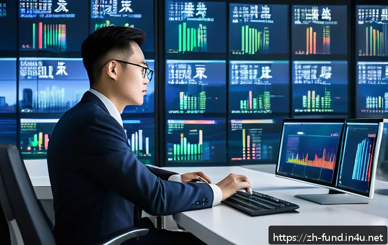 펀드투자상담사와 관련된 금융 기술 트렌드 - A futuristic financial analyst working in a sleek, high-tech office filled with multiple transparent...