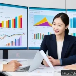 펀드투자상담사와 투자 성공 사례 연구 - A modern, sleek office setting showing a diverse group of Chinese professionals analyzing colorful f...