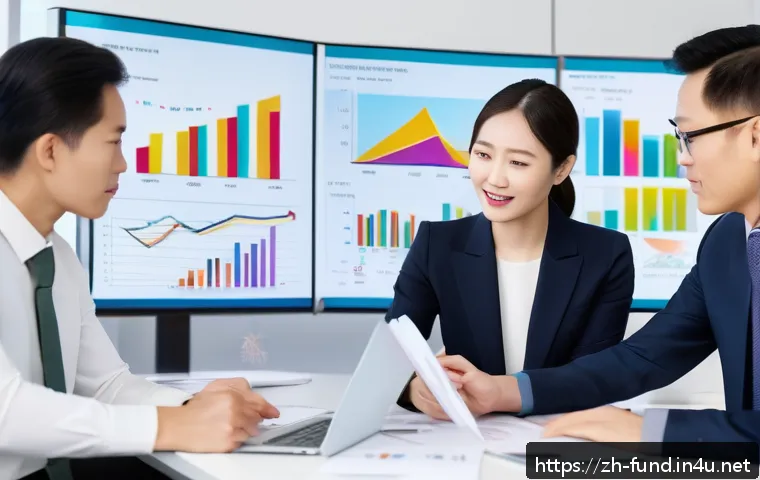펀드투자상담사와 투자 성공 사례 연구 - A modern, sleek office setting showing a diverse group of Chinese professionals analyzing colorful f...