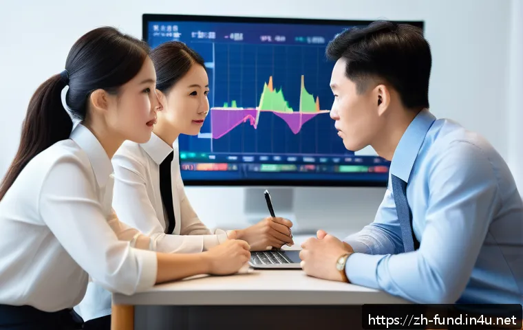 펀드투자상담사 실무에서 배우는 교훈 - A modern financial advisor&rsquo;s office scene with a diverse group of Chinese investors attentively disc...