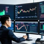 펀드투자상담사와 금융 시장 변화 사례 - A modern financial advisor office scene in a sleek, high-tech environment with multiple large monito...