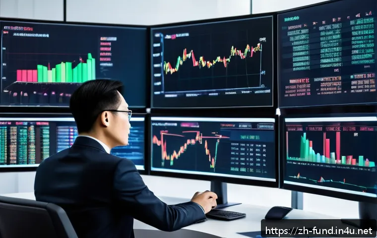 펀드투자상담사와 금융 시장 변화 사례 - A modern financial advisor office scene in a sleek, high-tech environment with multiple large monito...