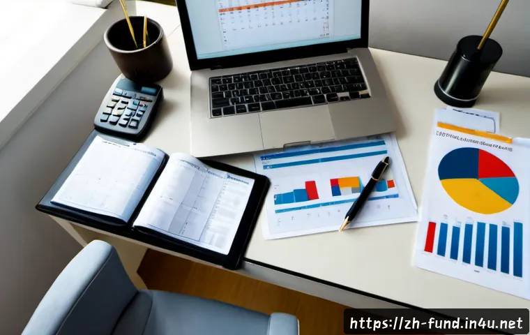 펀드투자상담사 자격증 연간 비용 분석 - Photorealistic overhead view of a neatly organized home office desk for annual financial certificati...