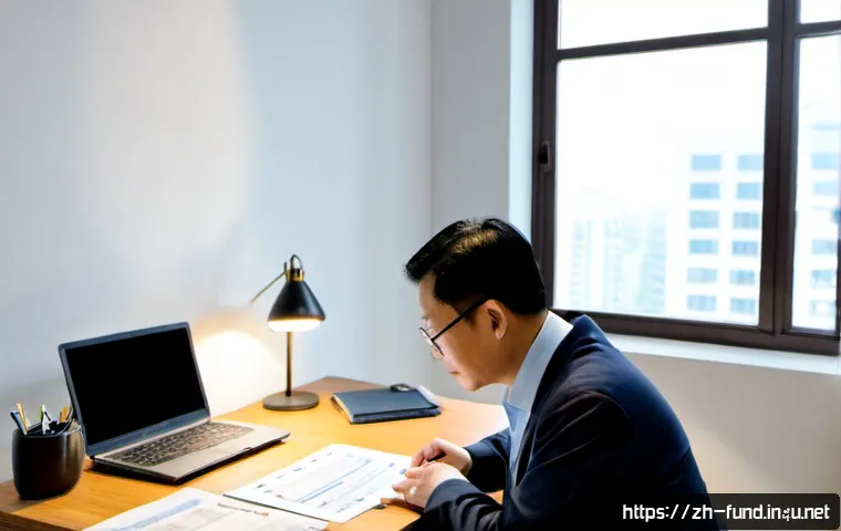 펀드투자상담사로 일하며 경험한 난관 - Photorealistic financial advisor in a modest modern office, calmly reviewing complex investment char...